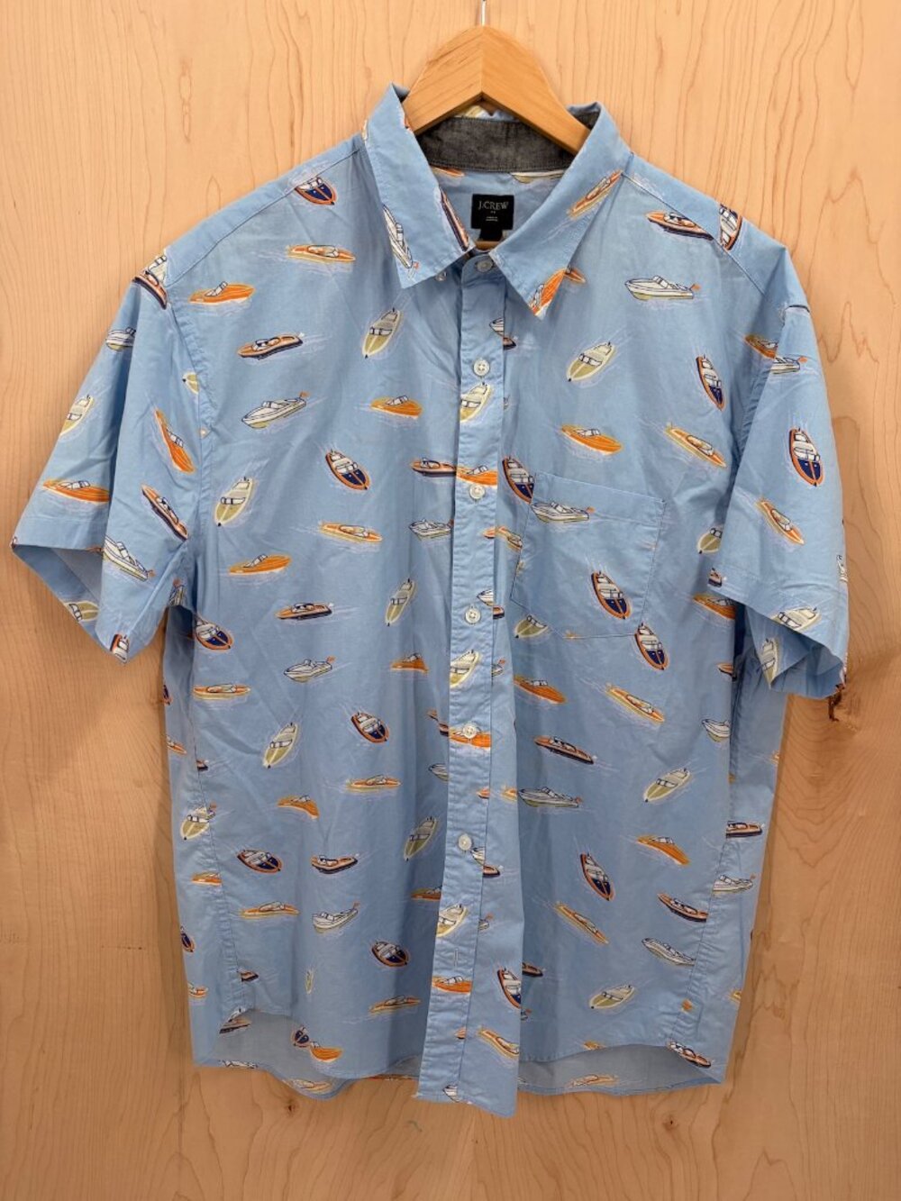 JCrew H4743 Mens XL Light Blue Boat Print Short Sleeve Button Down Shirt Cotton